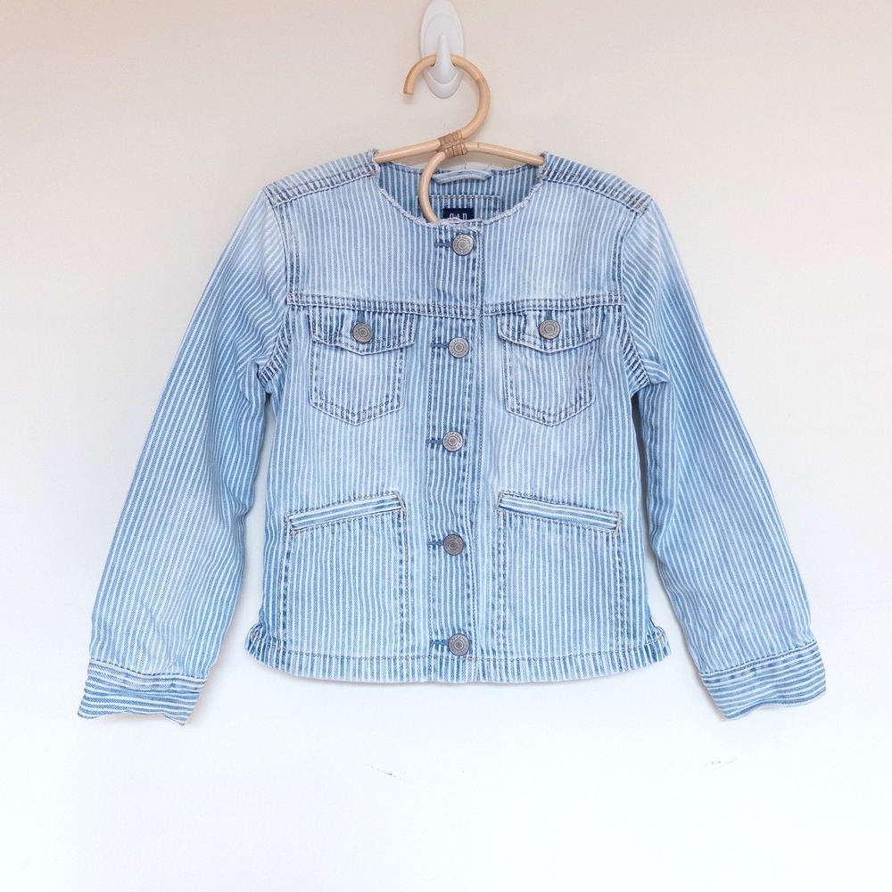 Gap‎ Denim Jacket Blue White Hickory Stripe Lace Up Back Kids Size S 6-7
